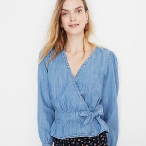 🆕 Madewell Denim Puff-Sleeve Peplum Wrap Top, XL